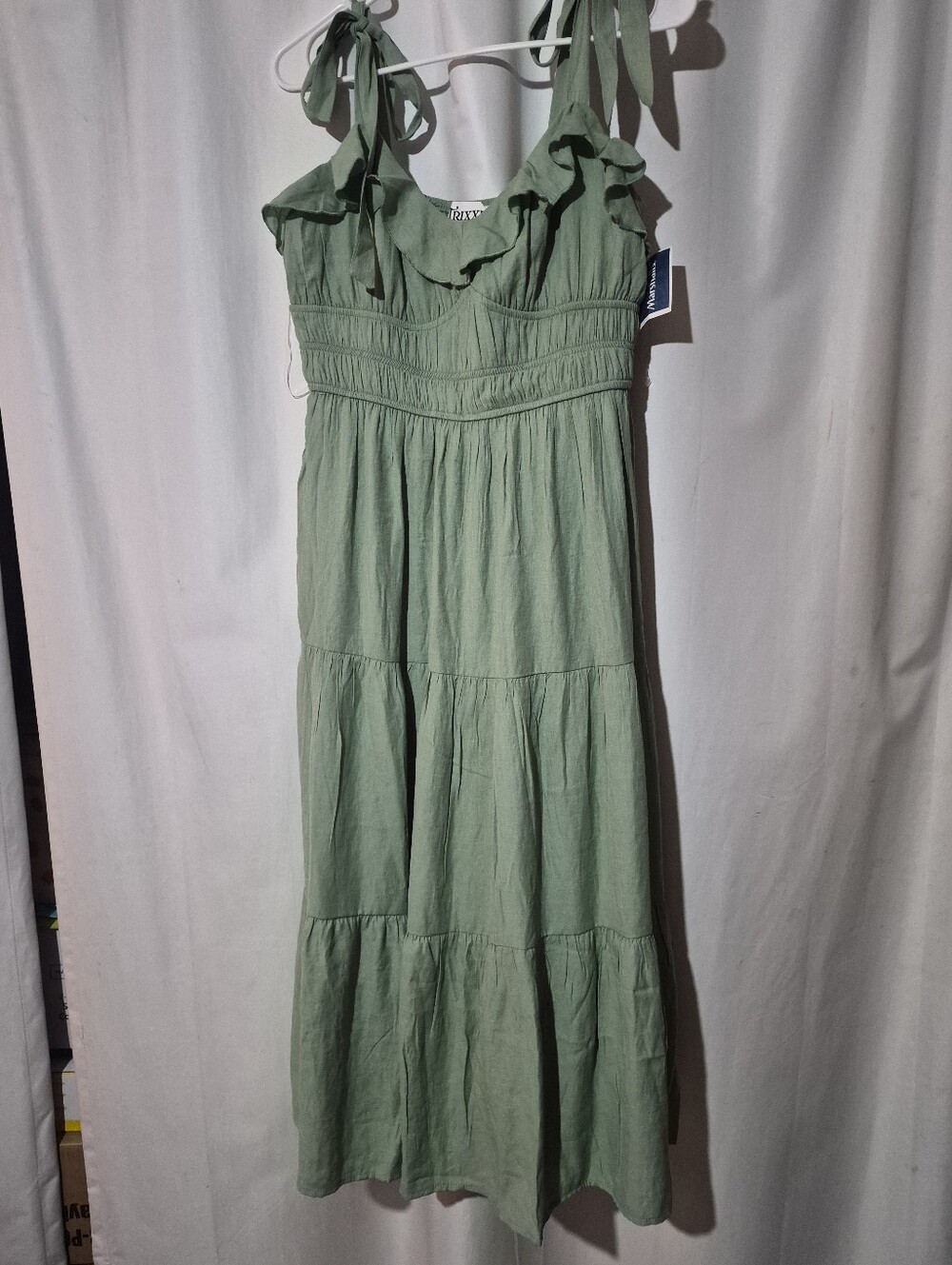 Trixxi Sage Green Tie-Shoulder Ruffle Maxi Dress